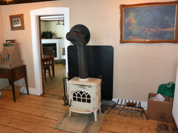 living room with wood stove