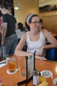 Brian's wife Sara, displaying the sleeveless "T" look for a hot day in October.